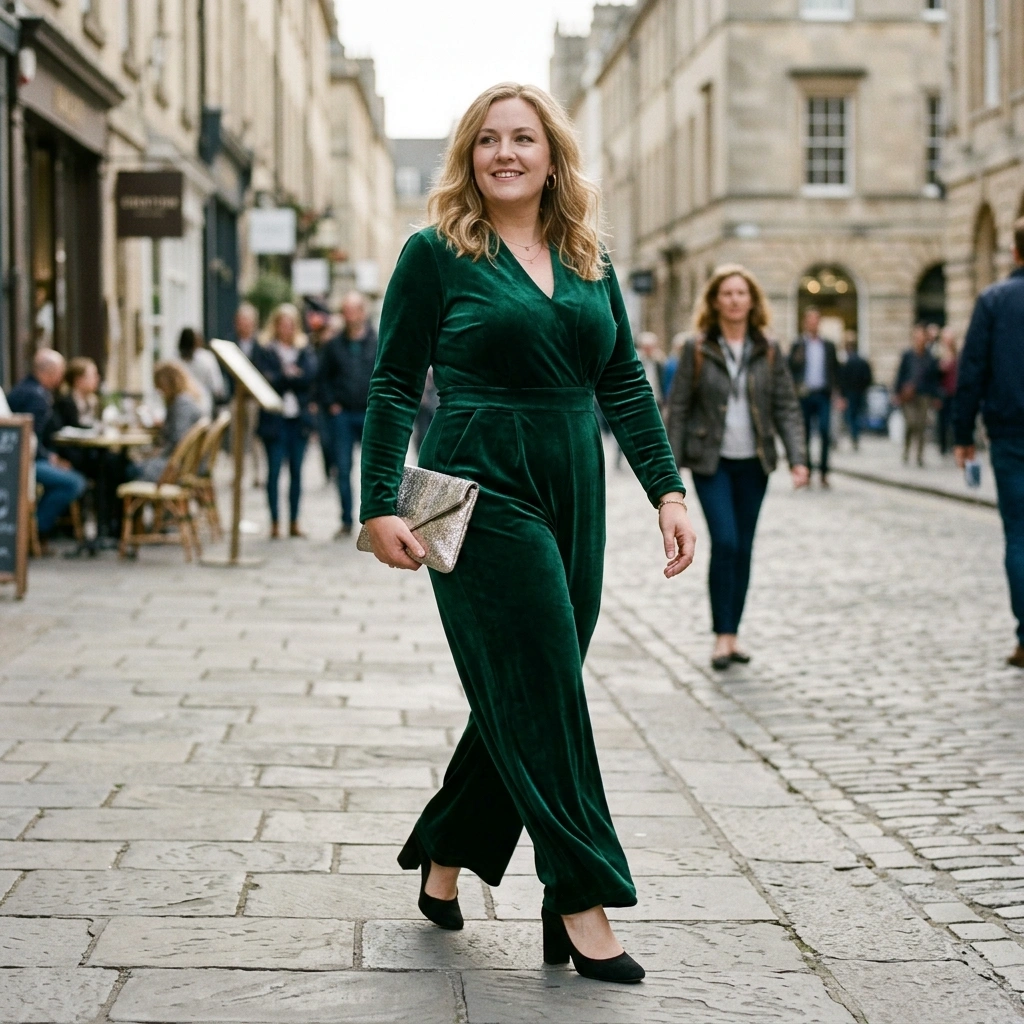 Velvet Jumpsuit & Metallic Clutch with Heels