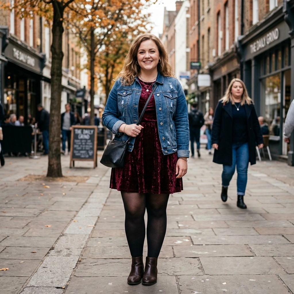 Velvet Mini Dress & Denim Jacket with Boots