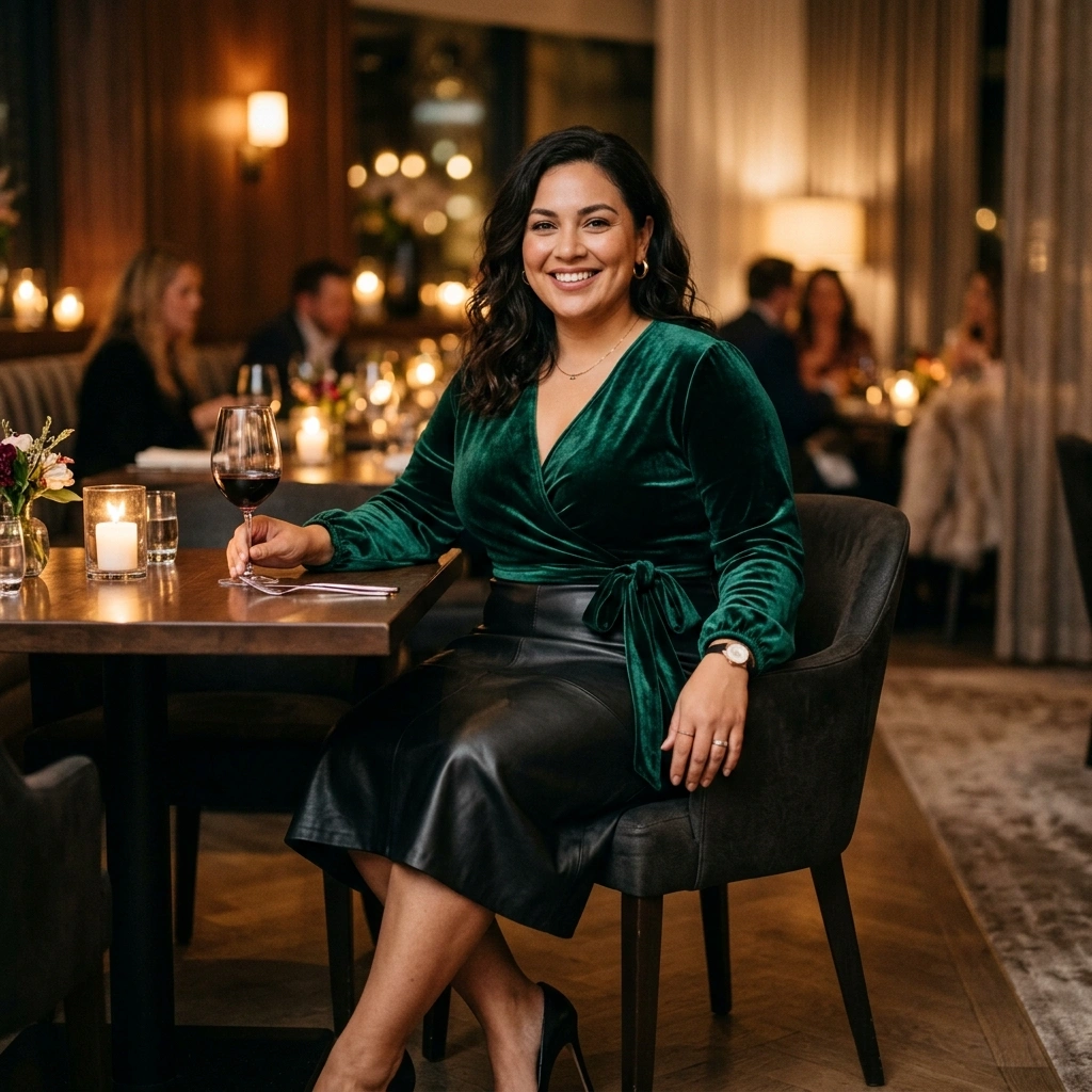 Velvet Wrap Top & Leather Midi Skirt with Heels