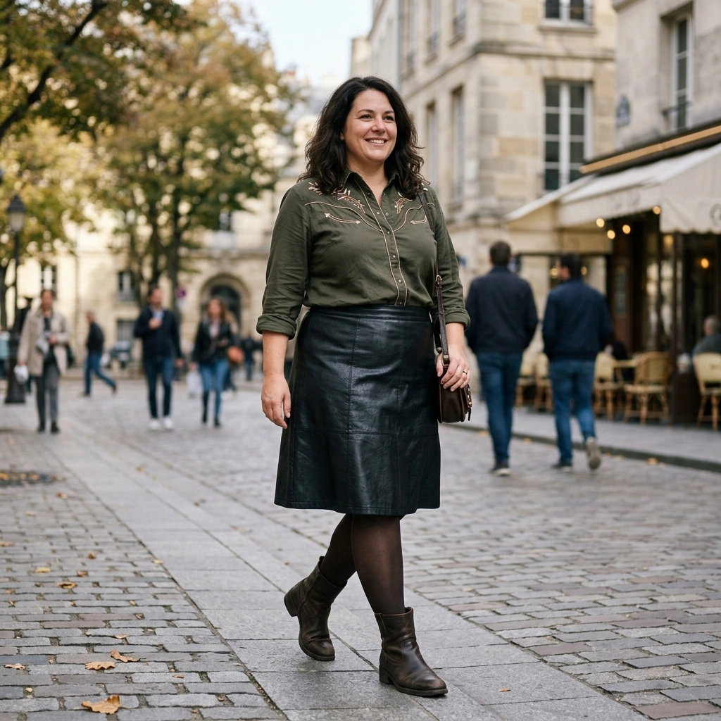 Western Blouse & Leather Skirt with Boots