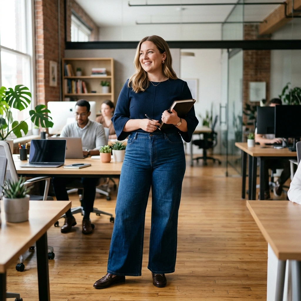 Wide Leg Jeans & Structured Top with Loafers