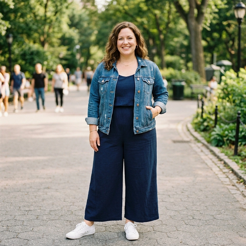 Wide Leg Jumpsuit & Denim Jacket with Sneakers