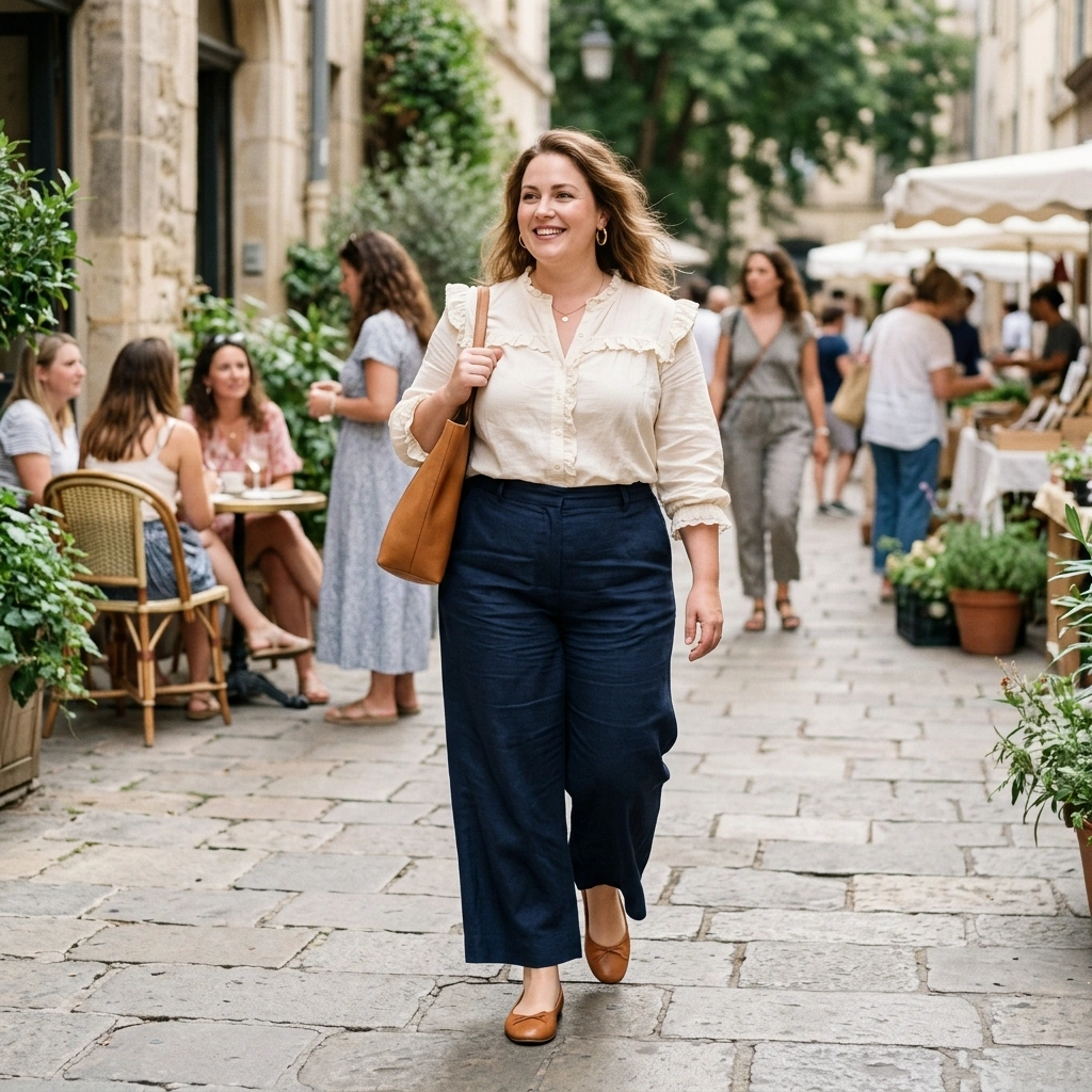 Wide Leg Pants & Ruffled Blouse with Flats