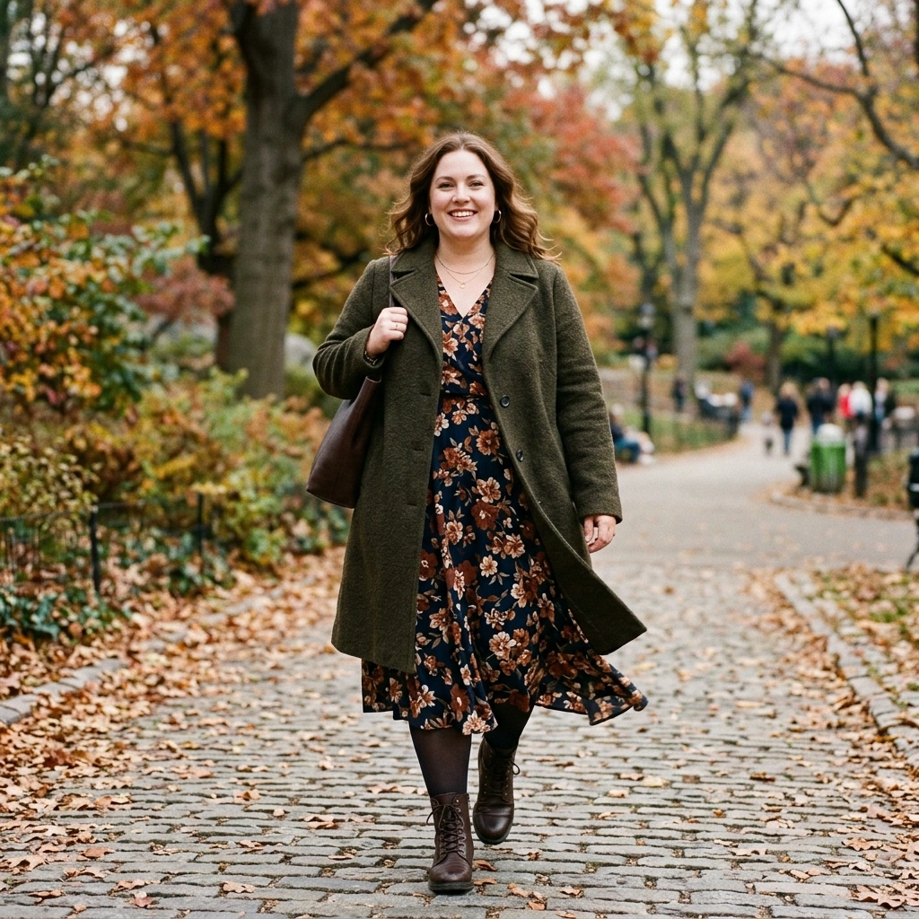 Wool Coat & Flowy Dress with Boots
