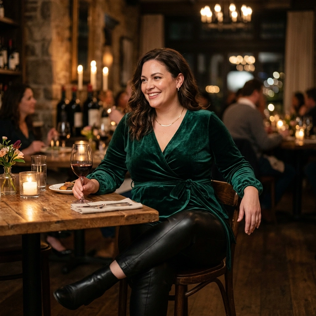 Wrap Blouse & Faux Leather Pants with Ankle Boots