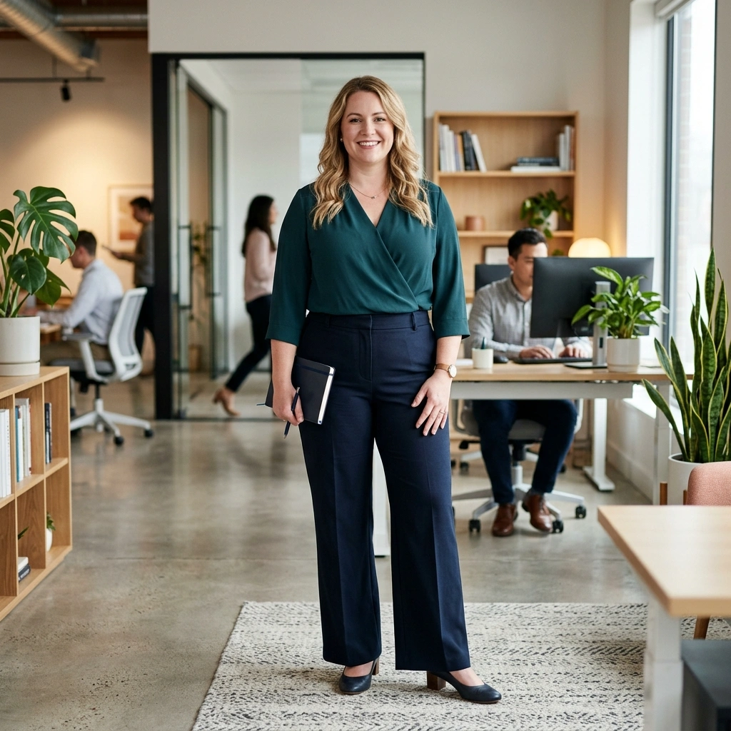 Wrap Blouse & High-Waisted Pants with Low Heels