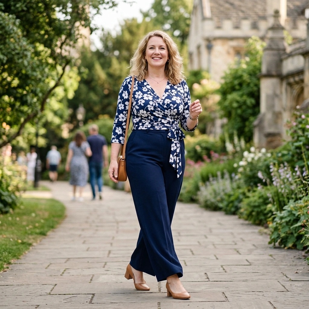 Wrap Blouse & High-Waisted Trousers with Low Heels