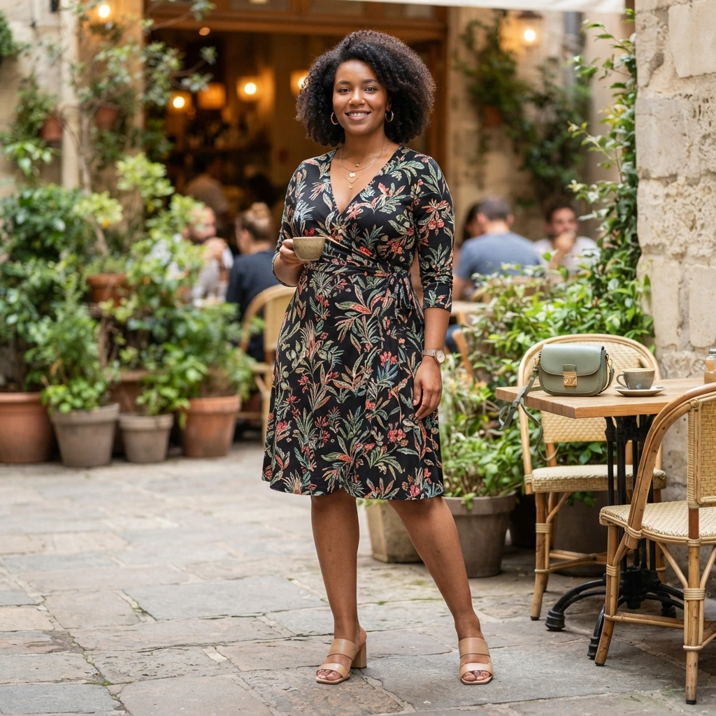 Wrap Dress & Block Heels with a Mini Bag