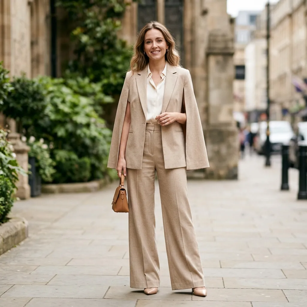Beige Cape Blazer with Wide-Leg Trousers and Pointed-Toe Heels