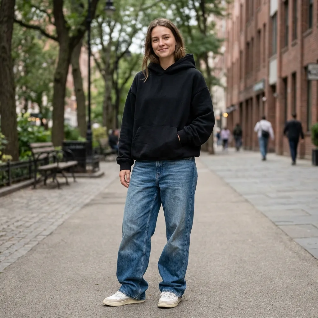 Black Hoodie with Baggy Blue Jeans and Sneakers