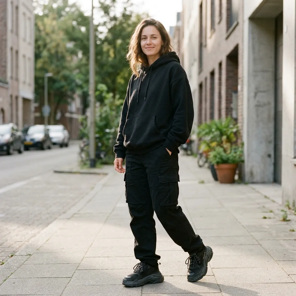 Black Hoodie with Black Cargo Pants and Chunky Sneakers