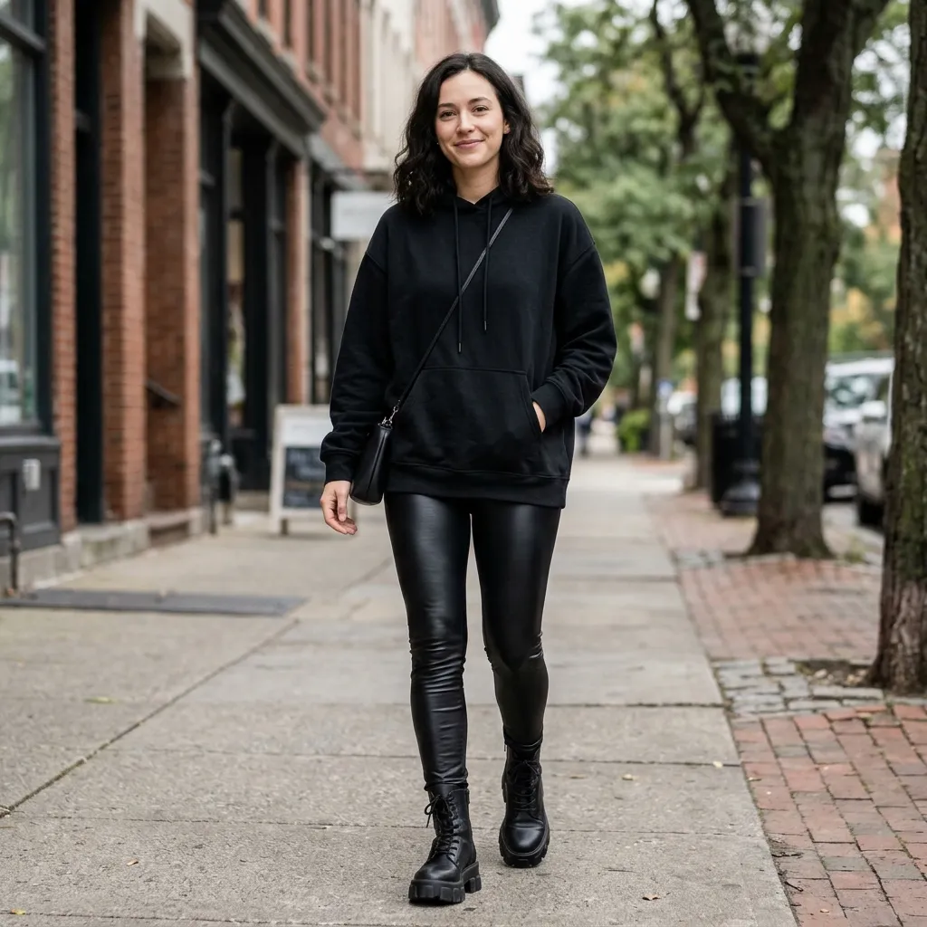 Black Hoodie with Faux Leather Leggings and Chunky Boots