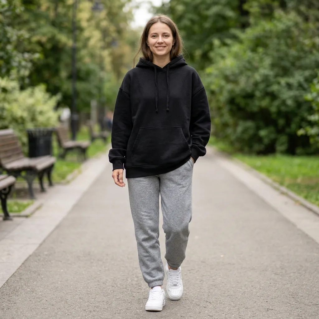 Black Hoodie with Gray Sweatpants and White Sneakers