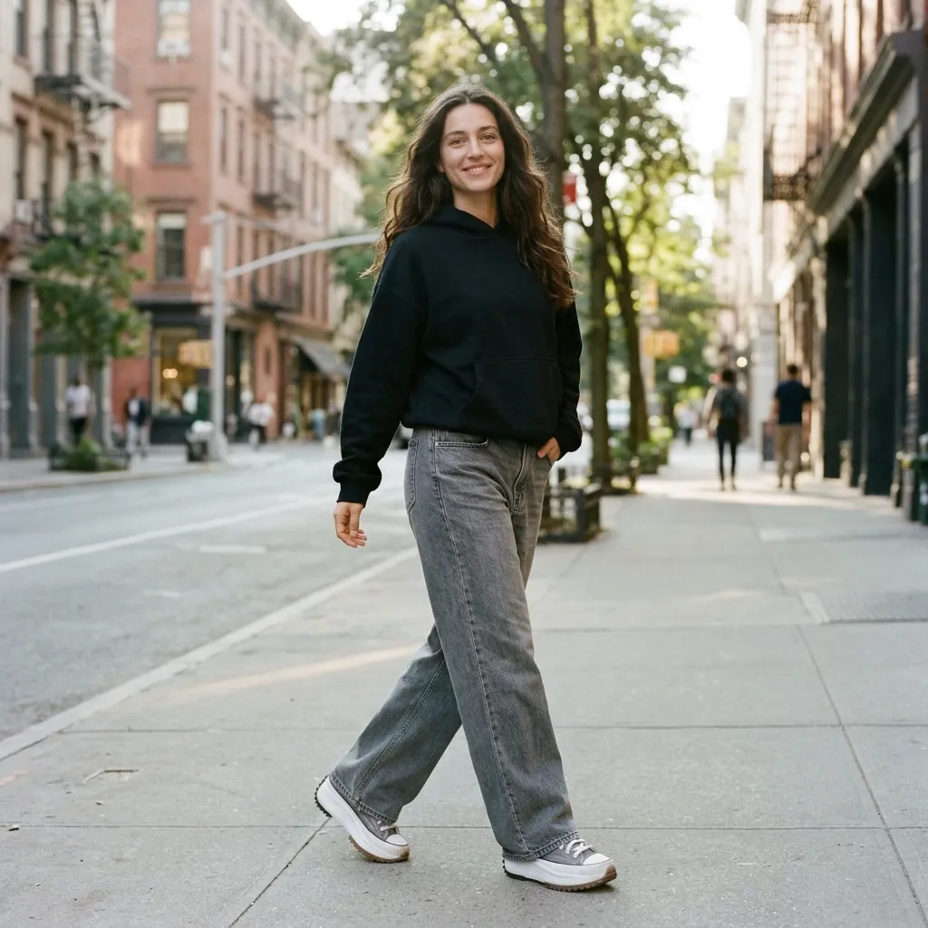 Black Hoodie with Gray Wide-Leg Jeans and Platform Sneakers