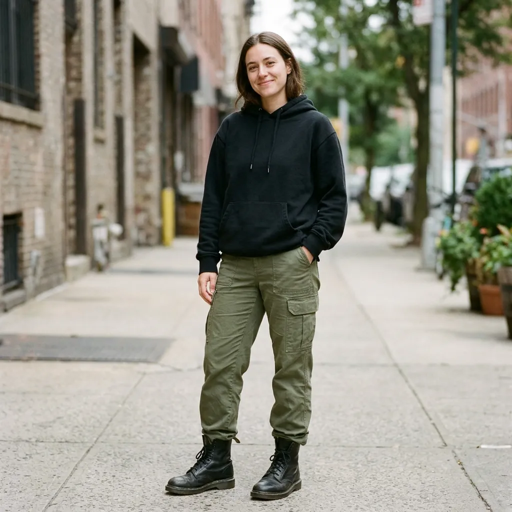 Black Hoodie with Olive Green Cargo Pants and Combat Boots