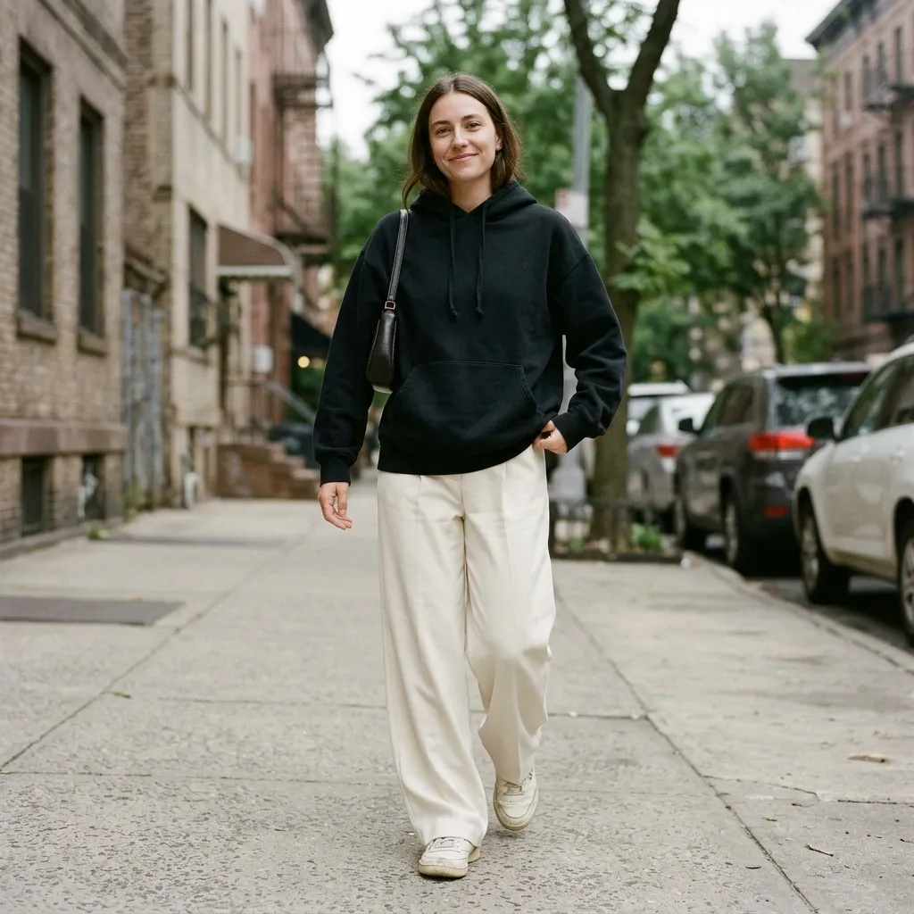 Black Hoodie with Wide-Leg Cream Trousers