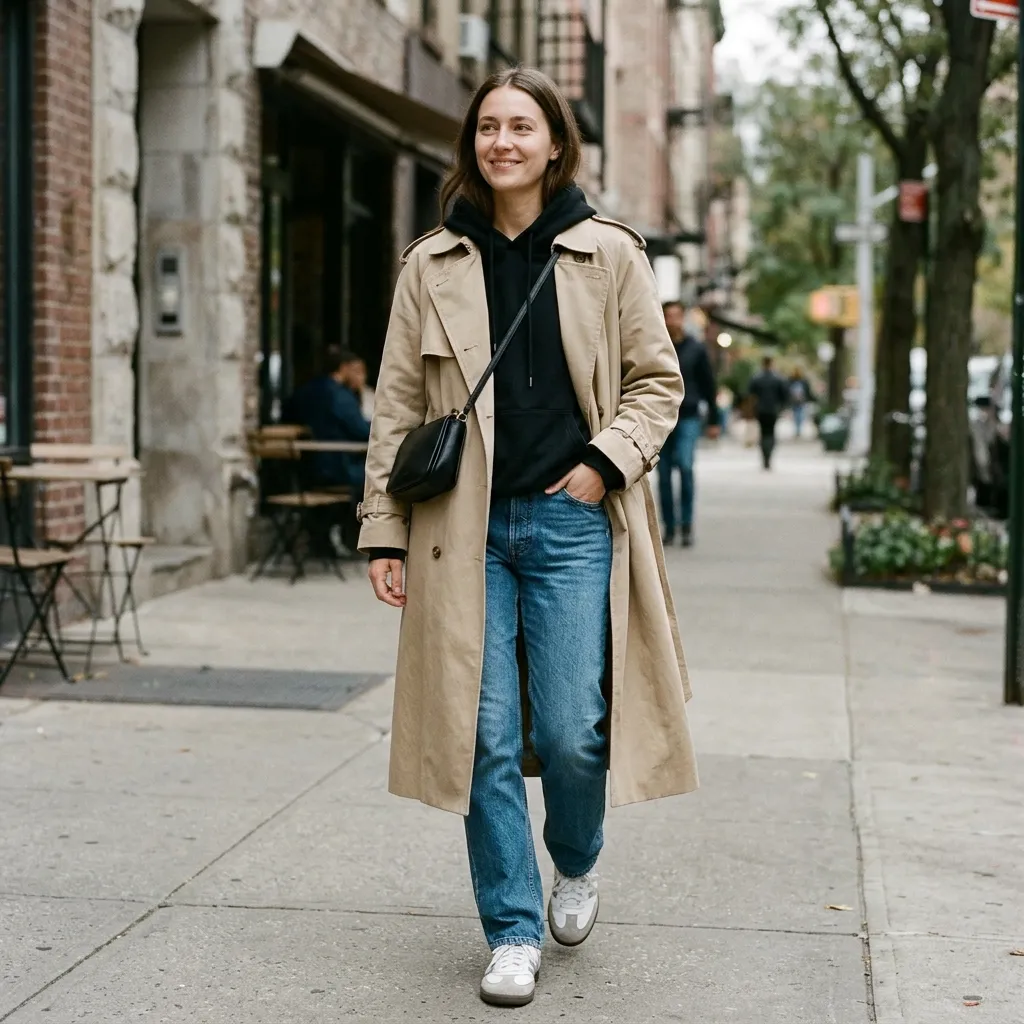 Black Hoodie with a Beige Trench Coat and Straight-Leg Jeans
