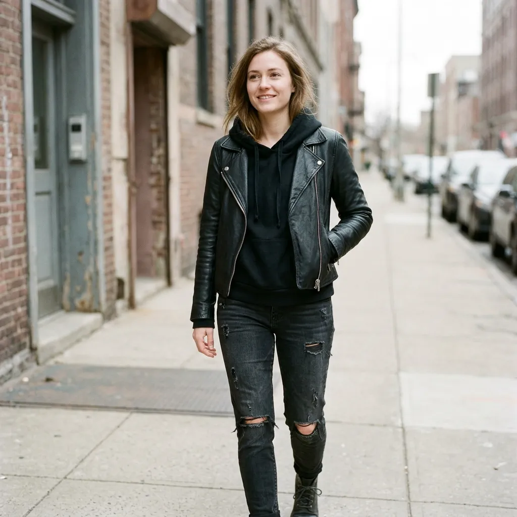 Black Hoodie with a Black Leather Jacket and Ripped Jeans