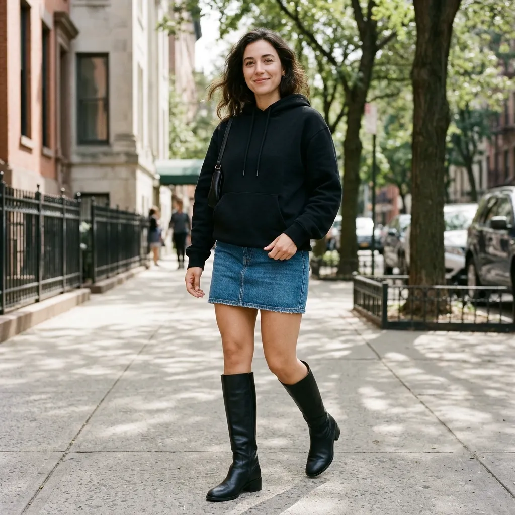 Black Hoodie with a Denim Mini Skirt and Tall Boots