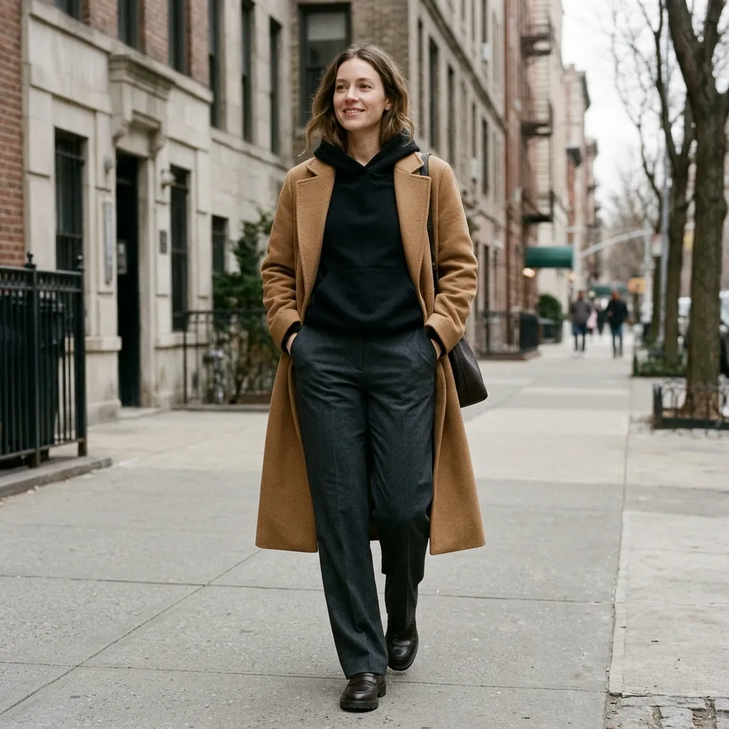 Black Hoodie with a Long Wool Coat and Tailored Trousers
