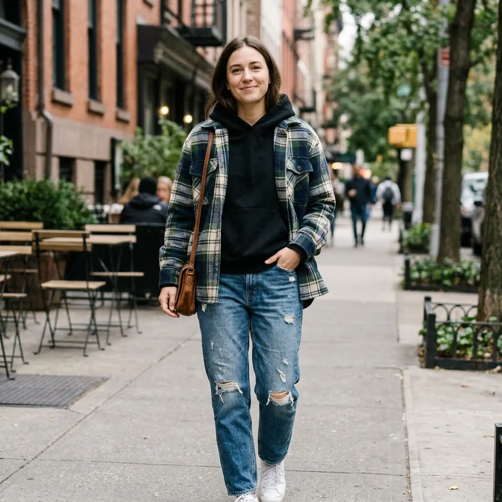 Black Hoodie with a Plaid Shacket and Distressed Jeans
