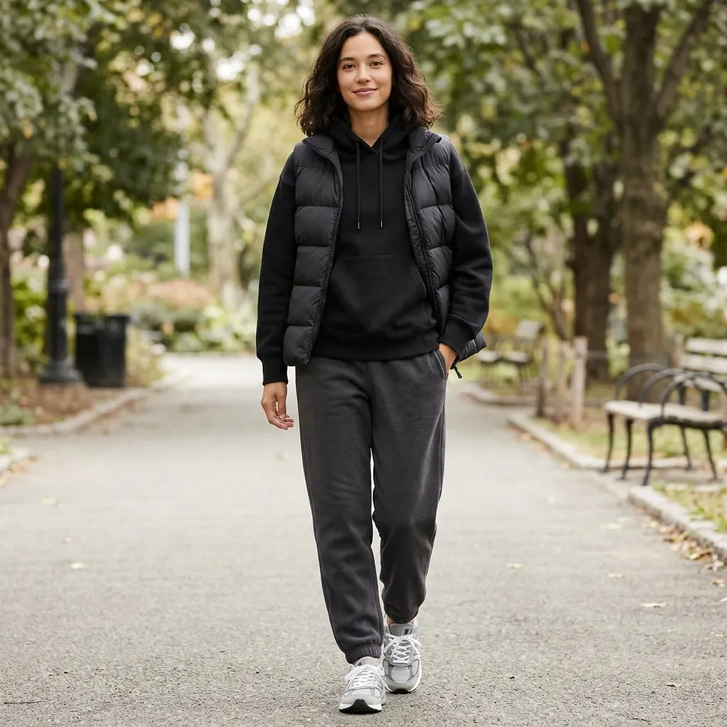 Black Hoodie with a Puffer Vest and Jogger Pants