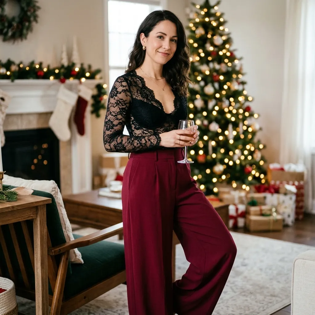 Black Lace Bodysuit with Burgundy Wide-Leg Trousers