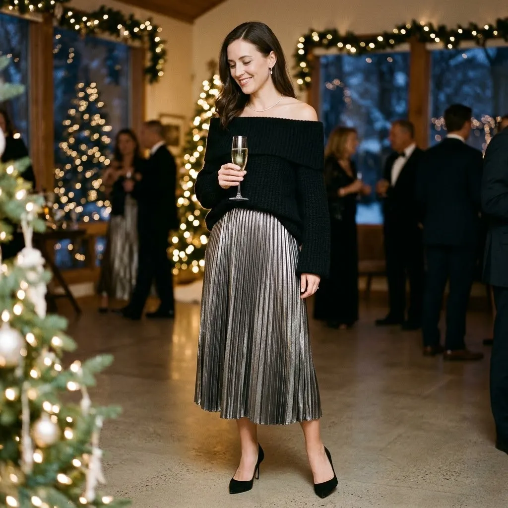 Black Off-Shoulder Sweater with a Metallic Midi Skirt