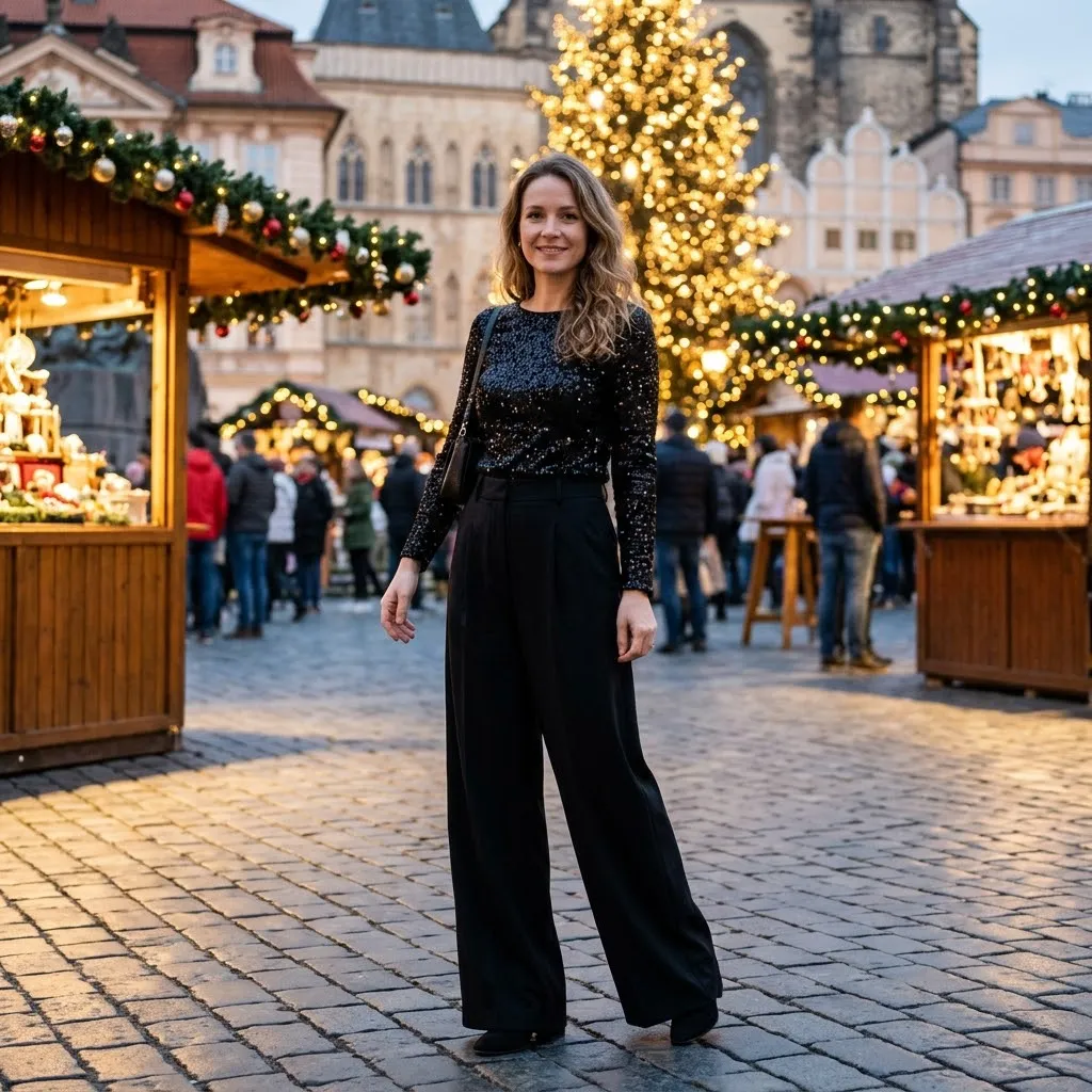 Black Sequin Top with Wide-Leg Trousers