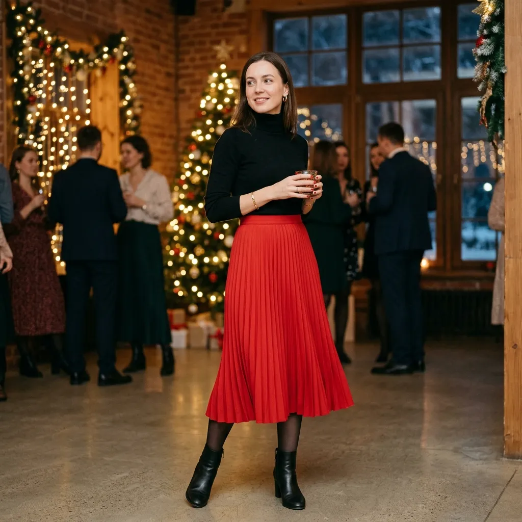 Black Turtleneck with a Red Pleated Midi Skirt