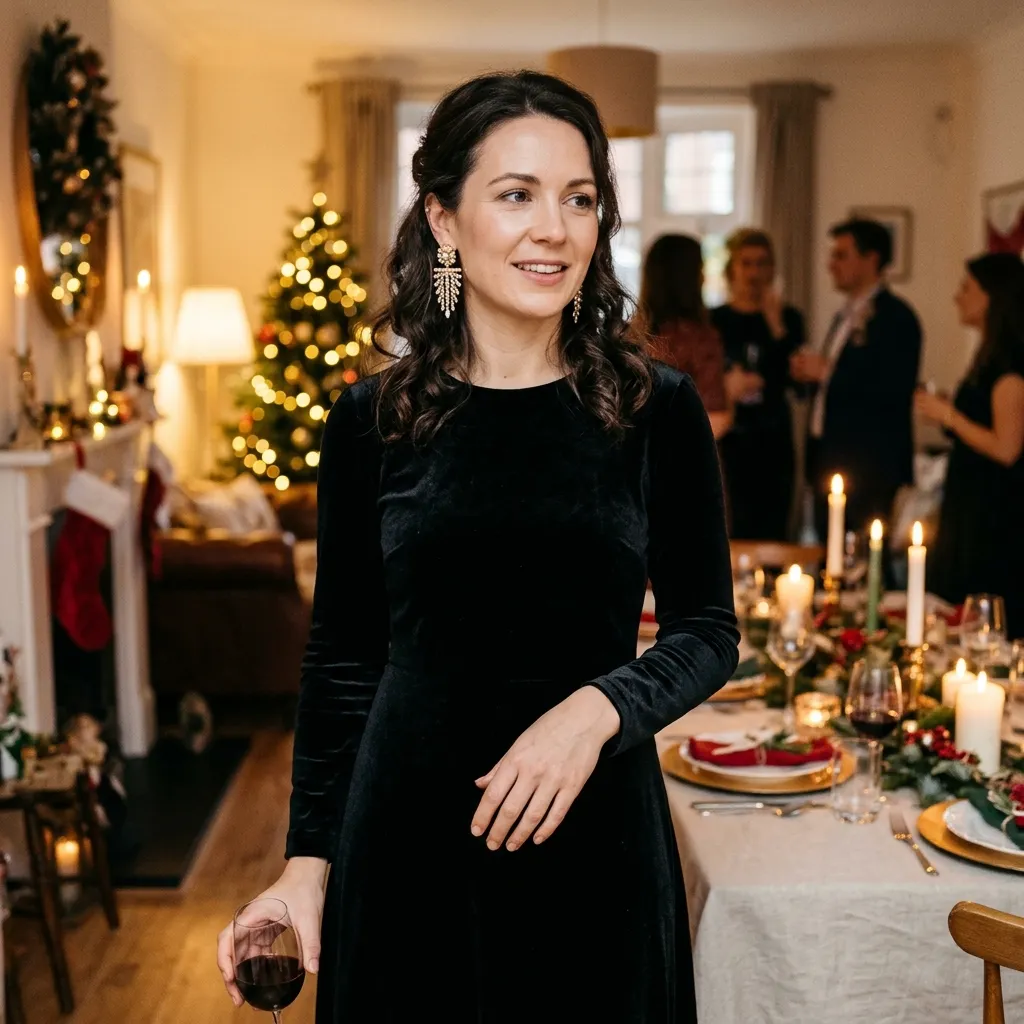 Black Velvet Dress with Statement Earrings
