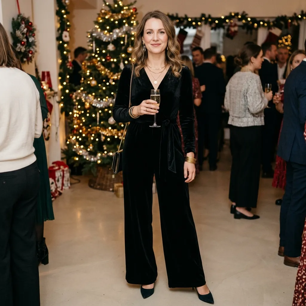 Black Velvet Jumpsuit with Gold Jewelry