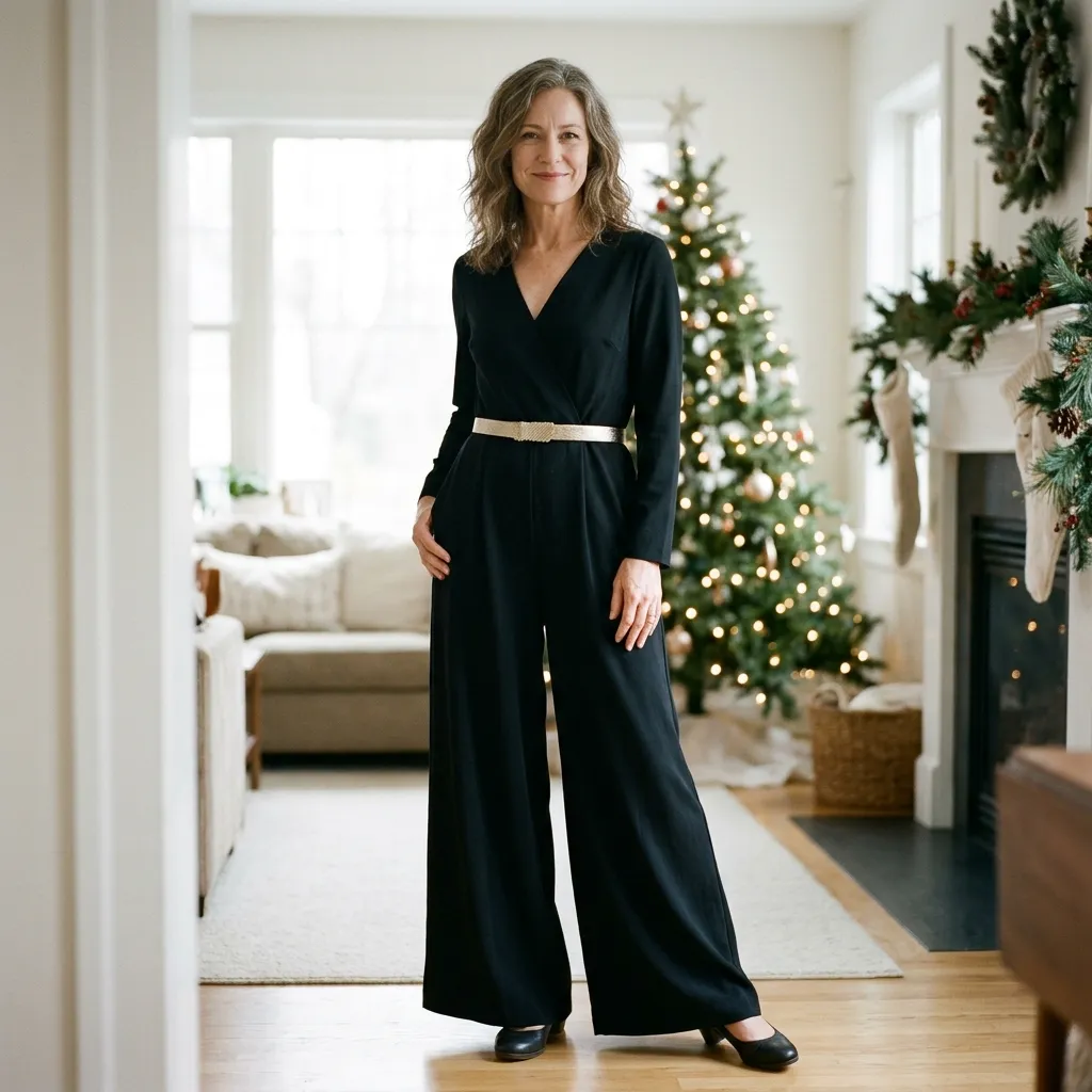 Black Wide-Leg Jumpsuit with a Gold Belt