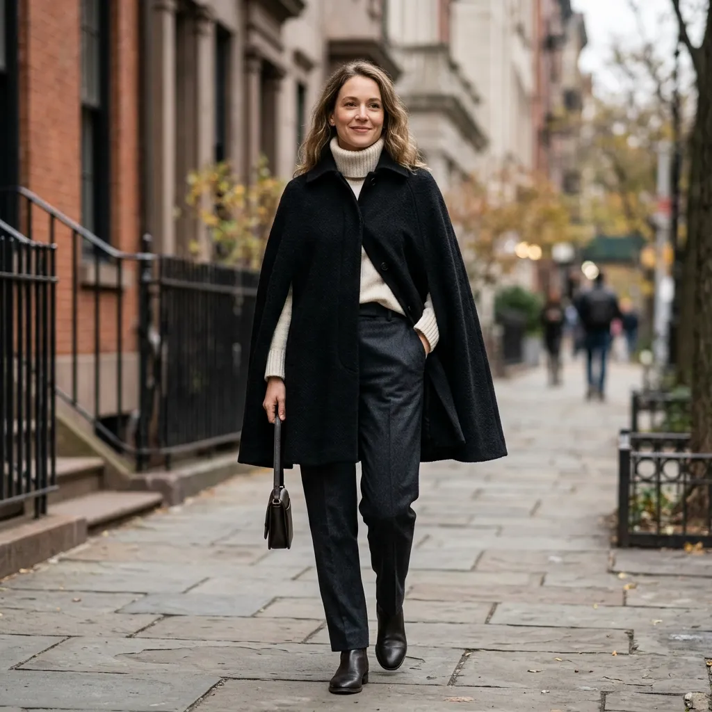 Black Wool Cape with a Cream Turtleneck and Tailored Trousers