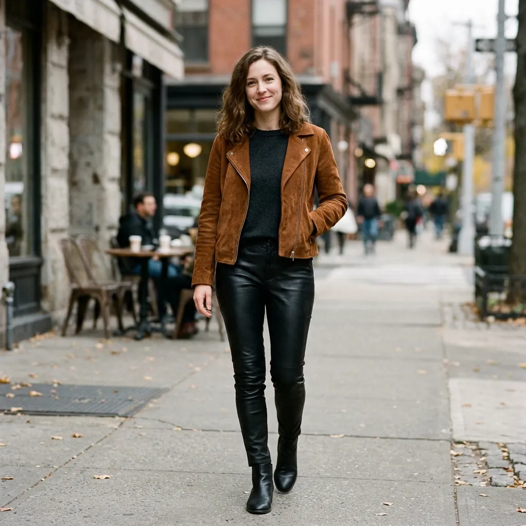 Brown Suede Jacket with Black Leather Pants