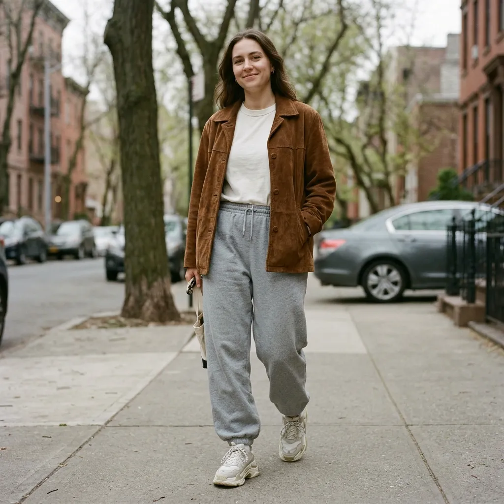 Brown Suede Jacket with Gray Sweatpants and Chunky Sneakers