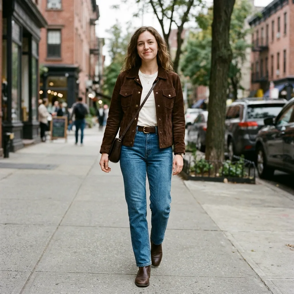 Brown Suede Jacket with Straight-Leg Blue Jeans