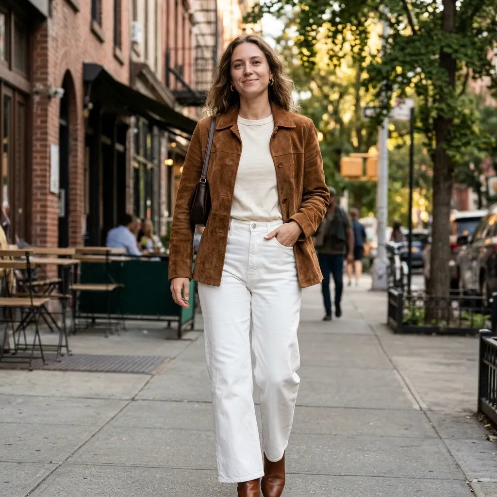 Brown Suede Jacket with Wide-Leg White Jeans
