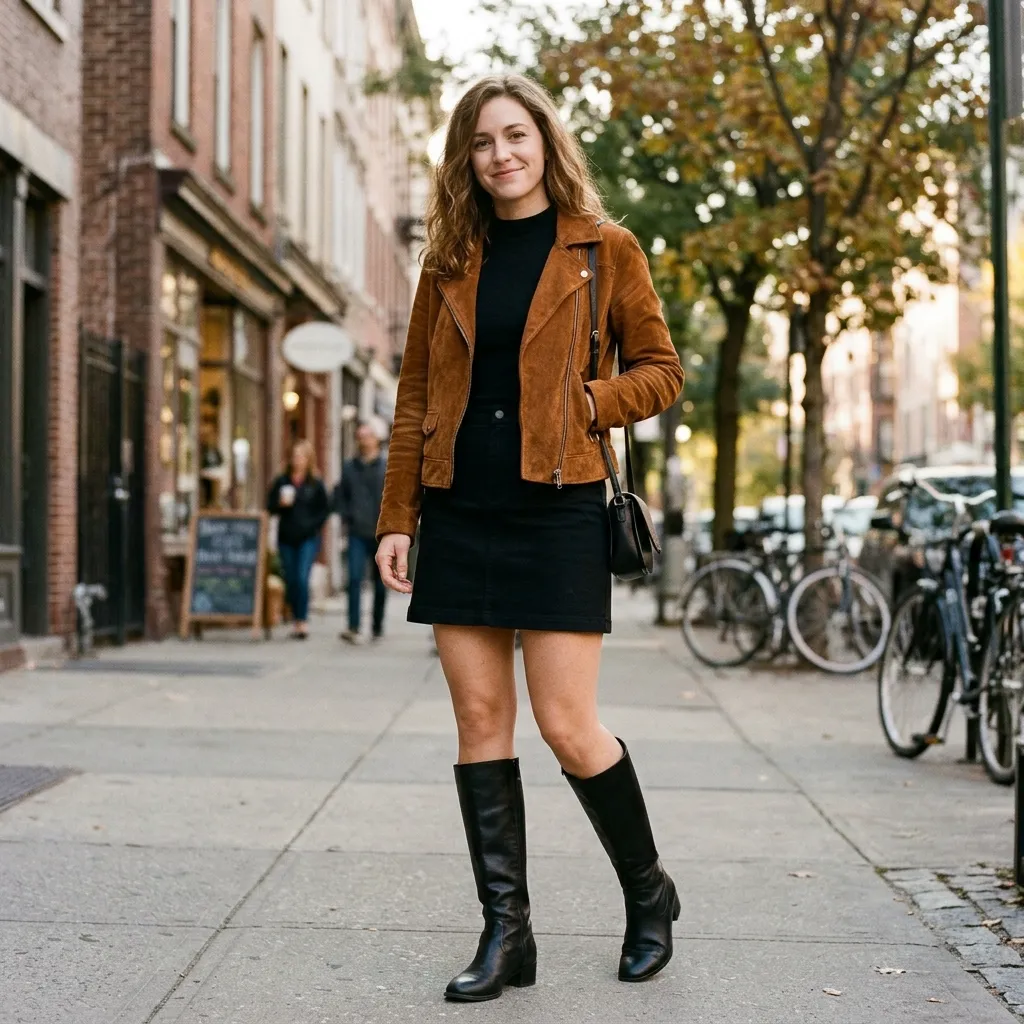 Brown Suede Jacket with a Black Mini Skirt and Knee-High Boots