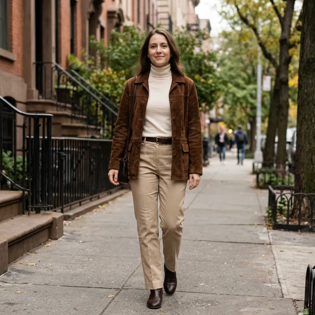Brown Suede Jacket with a Cream Turtleneck and Beige Trousers