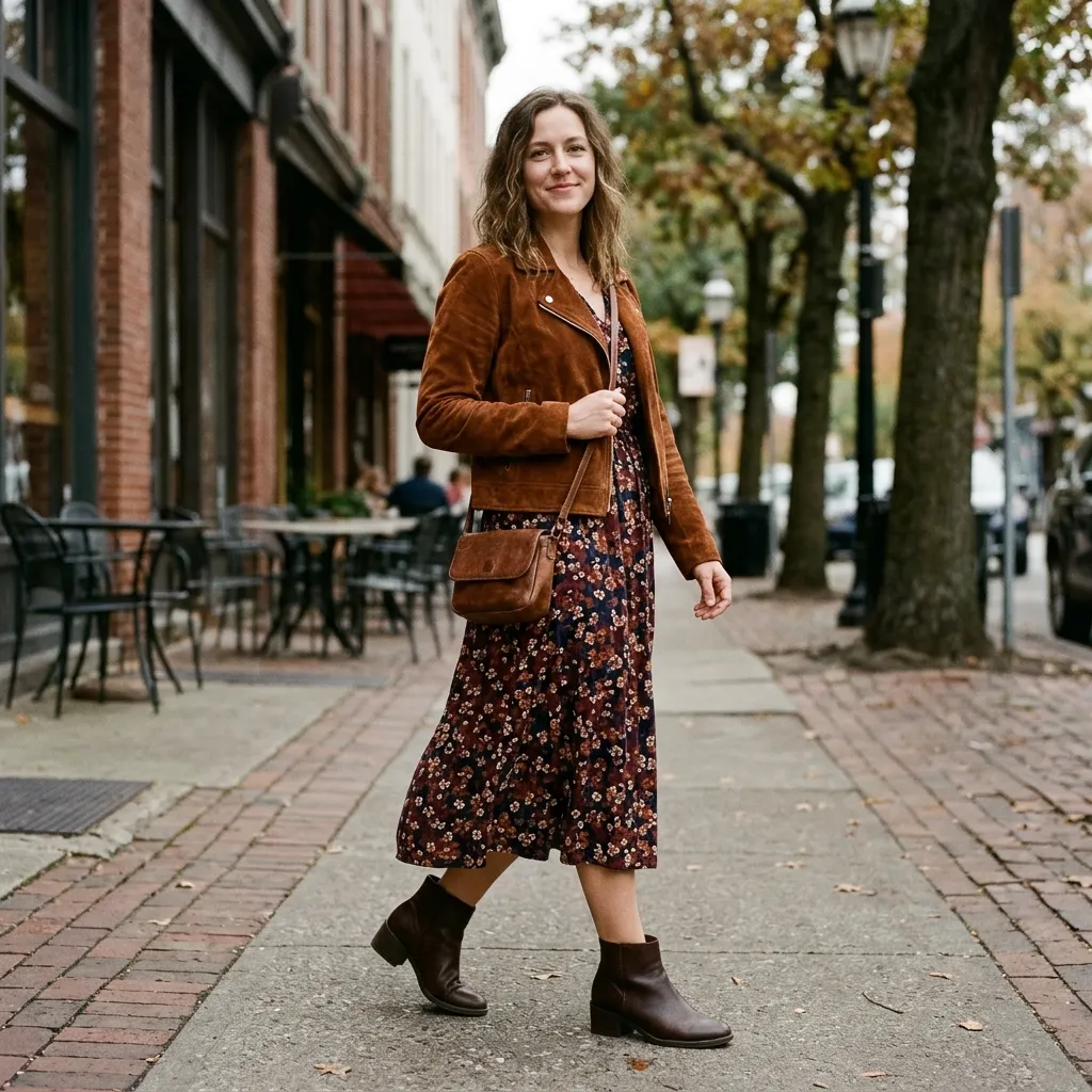 Brown Suede Jacket with a Floral Midi Dress and Ankle Boots