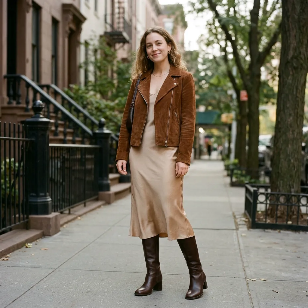 Brown Suede Jacket with a Satin Slip Dress and Heeled Boots