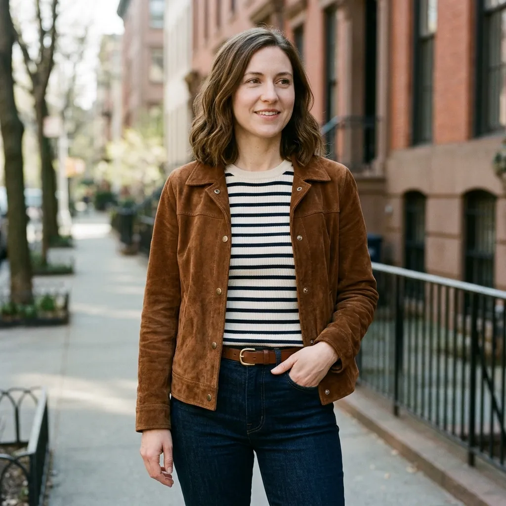 Brown Suede Jacket with a Striped Knit Top and Dark-Wash Jeans