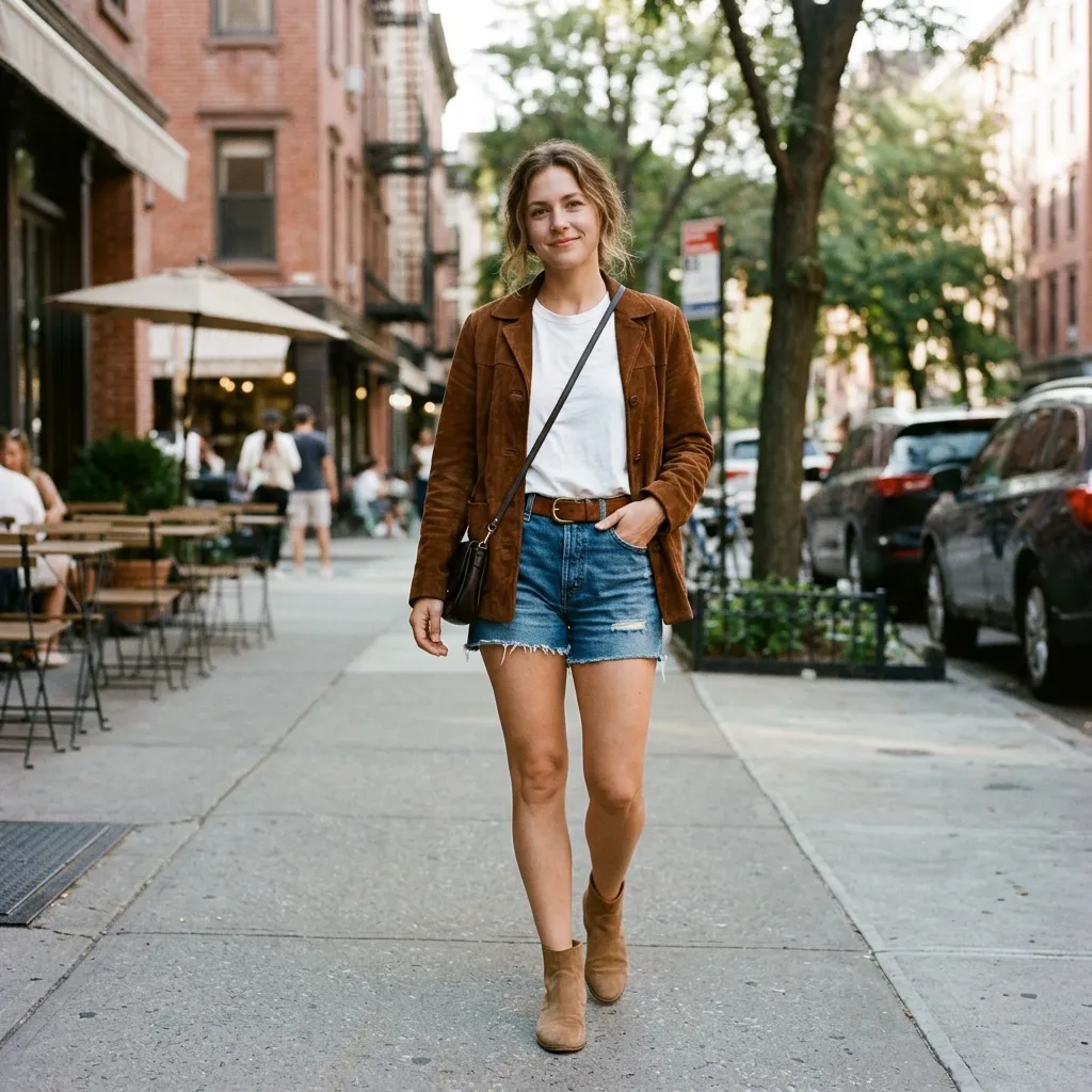 Brown Suede Jacket with a White Tee and Denim Shorts