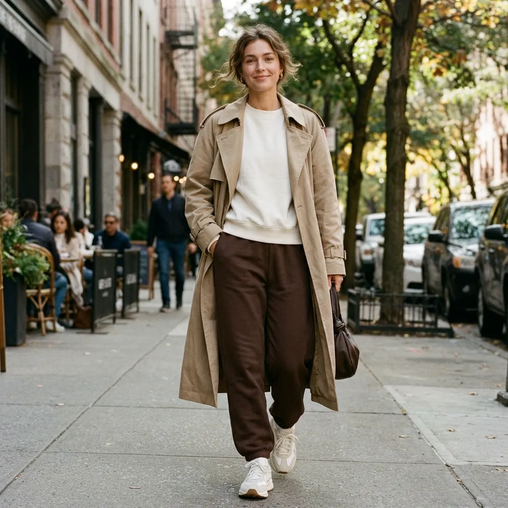 Brown Sweatpants with a Beige Trench Coat