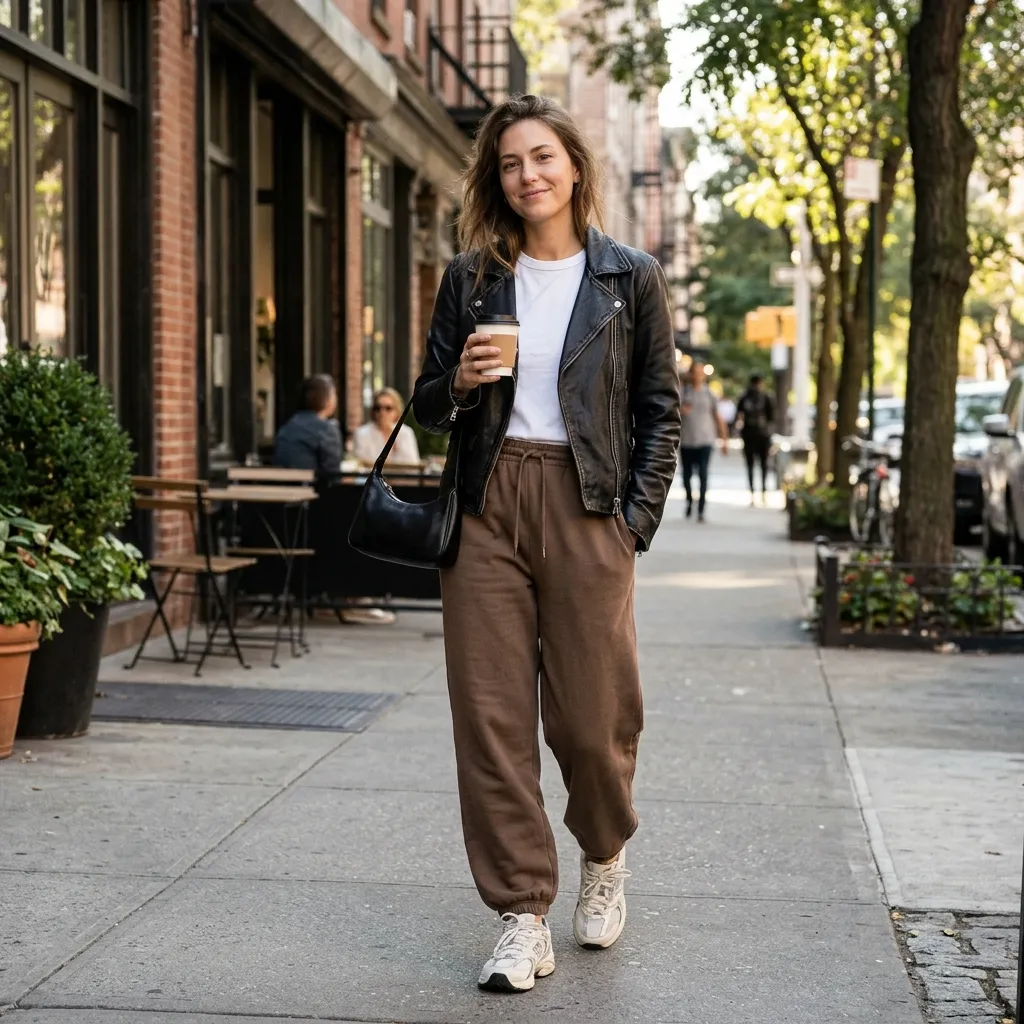 Brown Sweatpants with a Black Leather Jacket