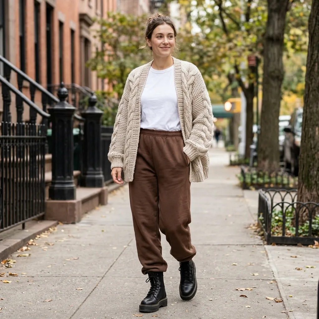Brown Sweatpants with a Chunky Cardigan and Combat Boots