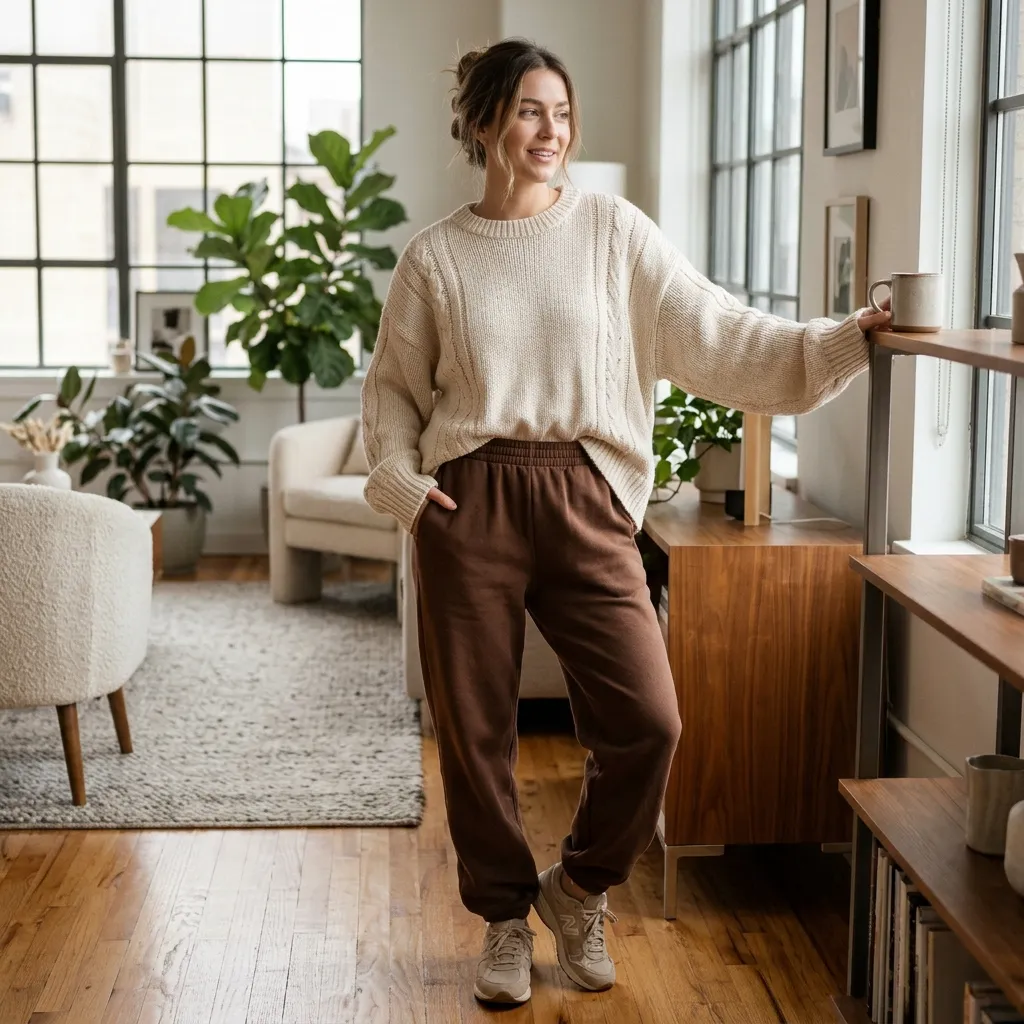 Brown Sweatpants with a Cream Oversized Sweater