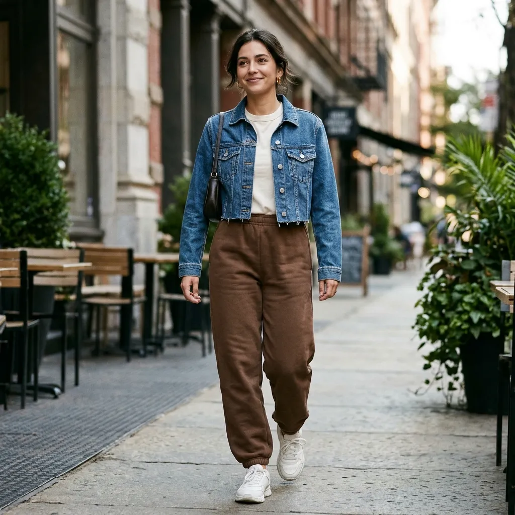 Brown Sweatpants with a Cropped Denim Jacket