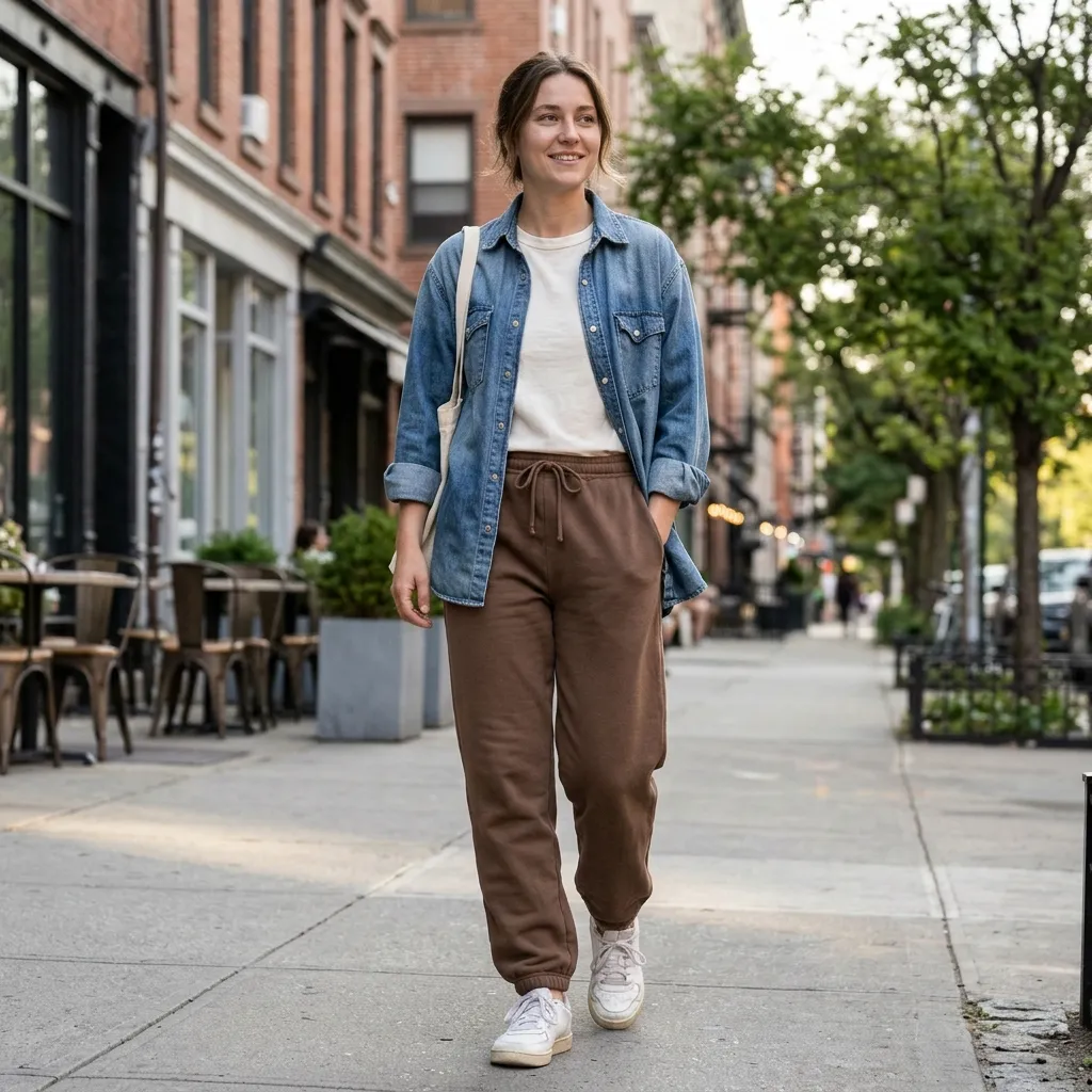 Brown Sweatpants with a Denim Shirt and White Sneakers